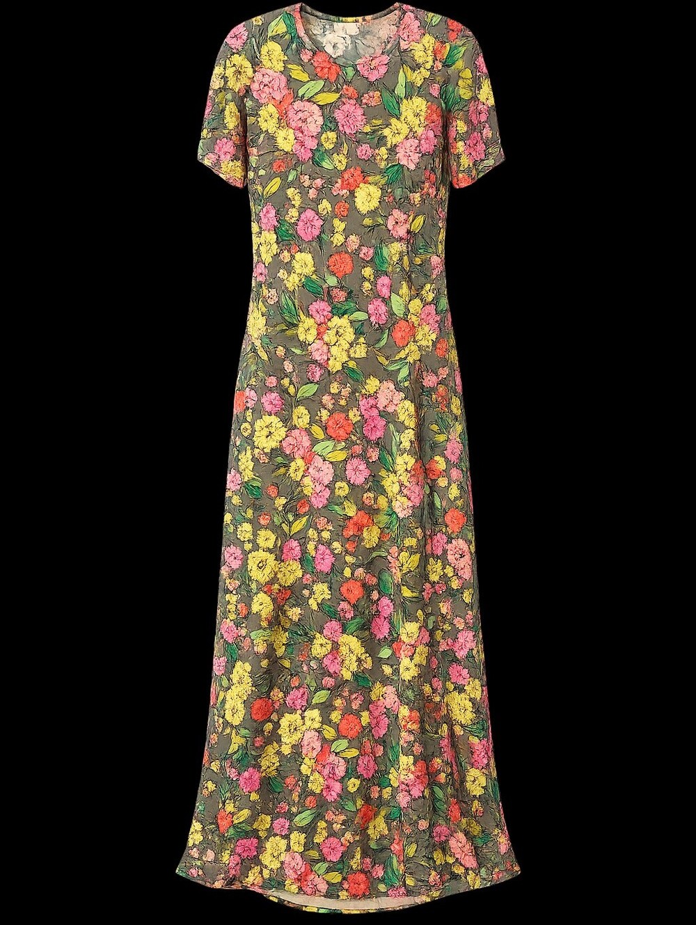 LuLaRoe Olive Maxi Dress with Pink, Yellow & Red Floral Print